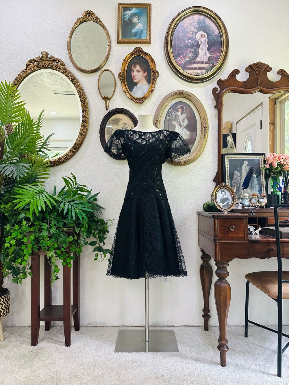 Black Lace Fit-and-Flare Dress with Puff Sleeves
